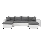 Canap� panoramique oslo convertible avec coffres, poufs � droite en simili blanc et microfibre grise