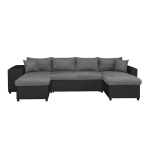 Canap� panoramique oslo convertible avec coffres, poufs � droite en simili noir et microfibre grise