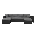 Canap� panoramique oslo convertible avec coffres, poufs � gauche en simili noir et microfibre grise