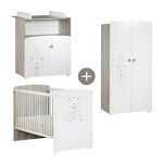 Chambre trio lit et commode et armoire en bois blanc