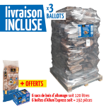 Lot de 3 packs woodstock bois b�che 40cm ballot 2000 dm3 + 6 sacs bois d'allumage + 6 bo�tes d'allum'express ...
