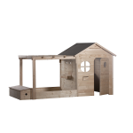 Maison vacances bois pour enfant avec pergola , bac  sable et coffre  jouets