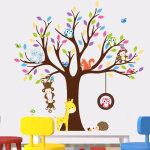 Sticker arbre gant avec singes, hibou et girafe
