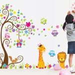 Sticker gant - arbre, fleurs, girafe et lion
