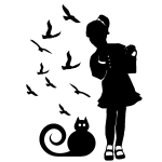 Sticker silhouette fillette, chat et oiseaux Sticker silhouette fillette, chat et oiseaux
