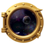 Sticker trompe l'oeil hublot l'espace lointain Sticker trompe l'oeil hublot l'espace lointain