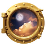Sticker trompe l'oeil hublot lune et nuages Sticker trompe l'oeil hublot lune et nuages