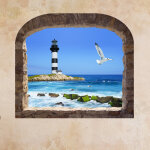 Sticker trompe l'oeil mer phare et mouette