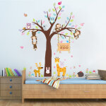 Sticker zoo arbre gant avec singes, hiboux et girafe