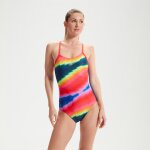 Maillot de bain femme allover avec bretelles croises dans le dos bleu / rouge / orange