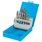 Coffret de 7 tarauds machine courts entr�e droite m3 � m12 hss, iso r529 et 7 forets meul�s hss, din ...