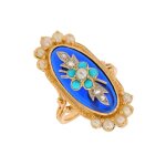 Bague ancienne �mail, diamants, turquoises et perles or jaune 9. 05g
