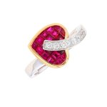 Bague coeur rubis 1. 14 carat et diamants 0. 40 carat 2 ors 5. 26g