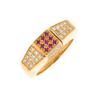 Bague cube tournant diamants, saphirs, meraudes, rubis or jaune 11g