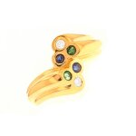 Bague diamants 0. 08 carat, meraudes et saphirs or jaune 8. 85g
