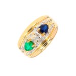 Bague diamants, saphir et meraude or jaune 7. 17g