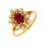 Bague marguerite rubis 1. 55 carat et diamants 0. 08 carat or jaune 4. 85g