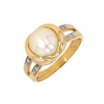 Bague perle de culture et diamants 0. 10 carat or jaune 4. 45g