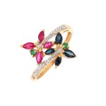 Bague saphirs, meraudes, rubis et diamants or jaune 3. 49g