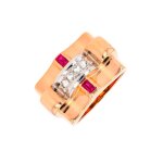 Bague tank vintage rubis 0. 14 carat et roses de diamants 2 ors 7. 97g