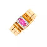 Bague tank vintage rubis de synthse et roses de diamants 2 ors 8. 31g
