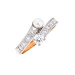 Bague vintage diamants 0. 30 carat et perle 2 ors 2. 67g