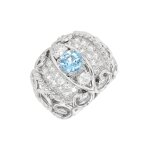 Bague vintage diamants 1. 10 carat et aigue - marine 0. 80 carat or blanc 12. 89g