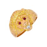 Bague vintage f�lin rubis 0. 04 carat et diamants 0. 05 carat or jaune 12. 10g
