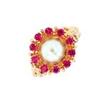 Bague vintage perle et rubis de synthse 0. 30 carat or jaune 5. 25g