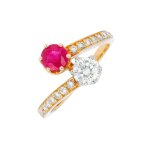 Bague vintage toi & moi rubis 0. 45 carat et diamants 0. 47 carat or jaune 3. 12g