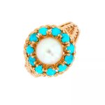 Bague vintage turquoises et perle de culture or jaune 6. 19g