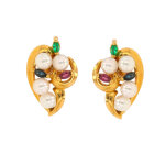 Boucles d'oreilles rubis, �meraudes, saphirs et perles or jaune 4. 87g