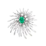 Broche vintage �meraude 0. 88 carat et diamants 0. 56 carat or blanc 17. 61g