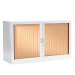 Armoire � rideaux m�tal monobloc g�n�ric - h. 69, 5 x l. 120 cm - corps blanc - rideaux h�tre