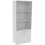 Biblioth�que haute 4 portes dont 2 vitr�es l. 80 x p. 48 x h. 201 cm - corps blanc - top blanc