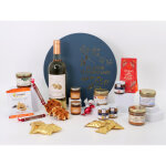 Bo�te gourmande - panier gourmand 24 �l�ments - bo�te ronde � chapeau bleu et dorure  plaisir gourmand  ...