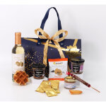 Cabas douceur - panier gourmand 11 �l�ments - cabas bleu satin� et dor� - coffret cadeau festif et raffin� ...