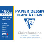 Clairefontaine papier dessin  grain 24 x 32 cm 180 g - pochette 12 feuilles blanches