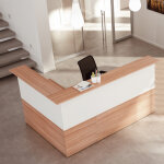 Pack banque d'accueil ola - angle 90 + module haut l. 140 cm + module haut l. 80 cm - noyer / blanc