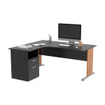Pack bureau d'angle compact retour  gauche pronto bois - l. 160 x p. 100 cm - plateau noir - pieds l ...