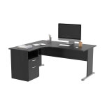 Pack bureau d'angle compact retour � gauche pronto bois - l. 160 x p. 100 cm - plateau noir - pieds l ...