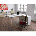 Pack bureau droit halden l. 160 x p. 80 plateau blanc pieds bois chne + meuble de rangement 4 cases ...
