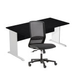 Pack bureau droit pronto bois - l. 160 x p. 80 cm - plateau noir - pieds l aluminium + sige tekna tissu ...