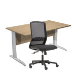 Pack bureau droit pronto m�tal - l. 140 x p. 80 cm - plateau ch�ne - pieds l aluminium + si�ge tekna ...