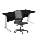 Pack bureau droit pronto m�tal - l. 160 x p. 80 cm - plateau noir - pieds l aluminium + si�ge tekna tissu ...