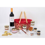 Panier saveurs - panier gourmand 15 �l�ments - corbeille en osier et tissus rouge - coffret cadeau festif ...