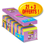 Post - it notes repositionnables super sticky 76 x 76 mm - assortis vifs - pack 21 blocs de 90 feuilles ...
