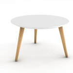 Table basse marit, plateau rond laqué blanc, 3 pieds bois naturel Table basse marit, plateau rond laqué blanc, 3 pieds bois naturel