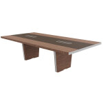 Table de conf�rence tario l. 280 x 140 cm - noyer avec insert central cuir marron
