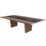 Table de confrence tario l. 280 x 140 cm - noyer avec insert central cuir noir